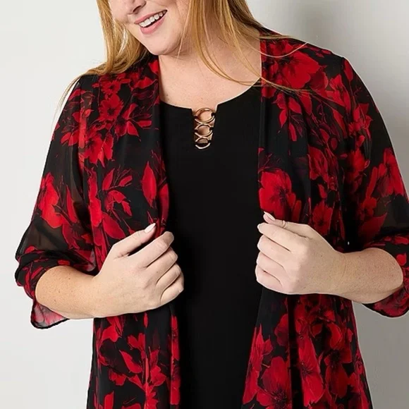 R & K Originals Womens Red Floral Faux-Jacket Dress NWT 20W - Picture 3 of 5